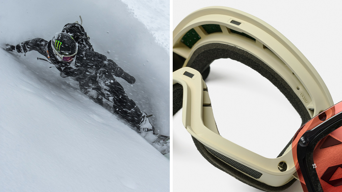 Image with a snowboarder and the Contour goggle lens change system